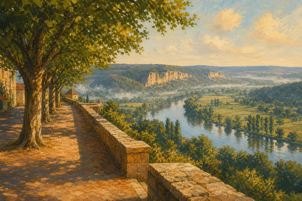 Vallée de la Dordogne vue depuis l'esplanade de la Barre à Domme au petit matin