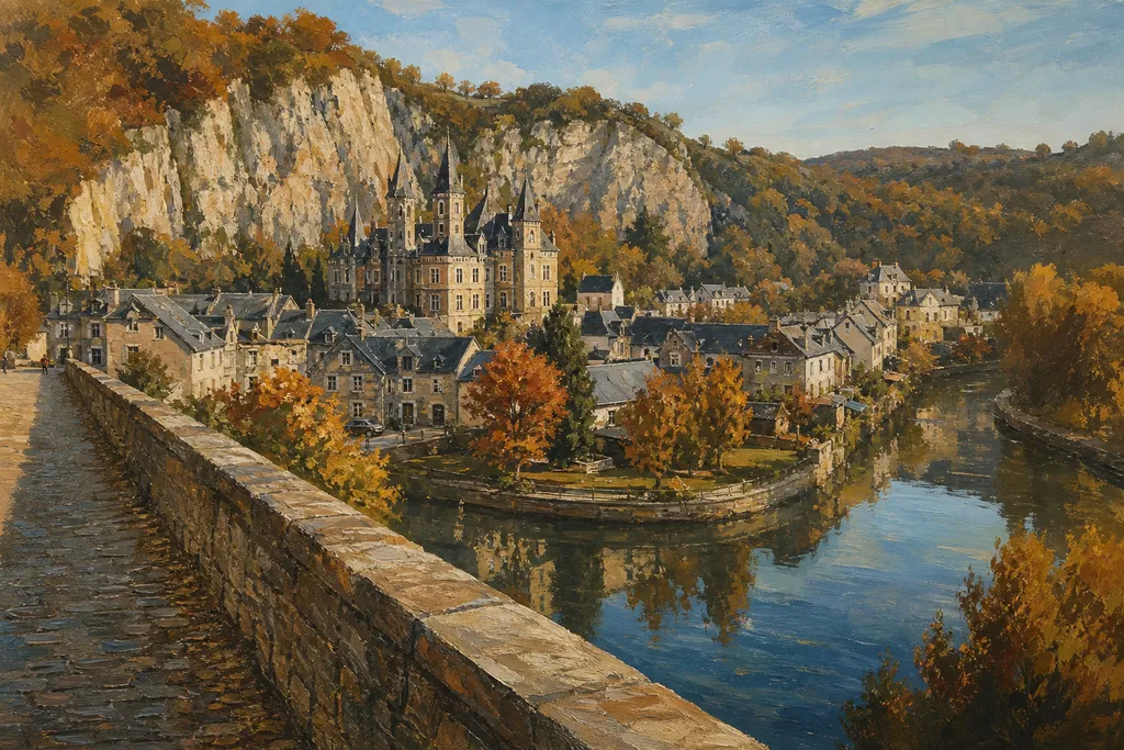 Durbuy et son château néogothique reflété dans l'Ourthe, sous la falaise de calcaire