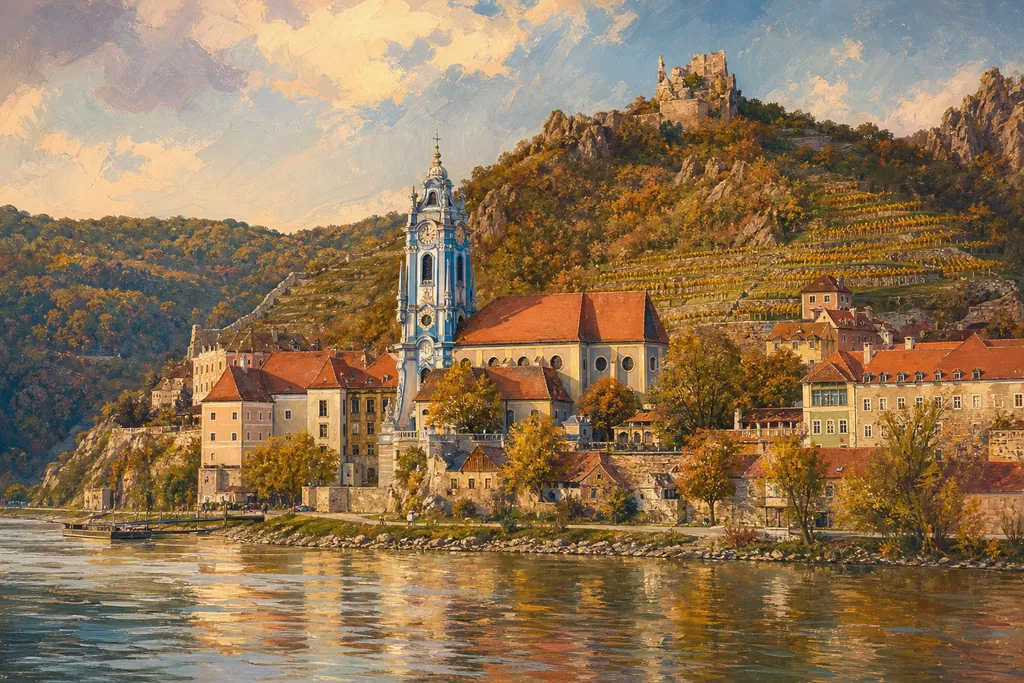 Clocher bleu de l'abbaye de Dürnstein au-dessus du Danube, avec les vignes en terrasses et la ruine du château