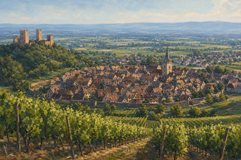 Eguisheim vu du sentier viticole, village circulaire aux toits bruns entouré de vignes et dominé par trois châteaux
