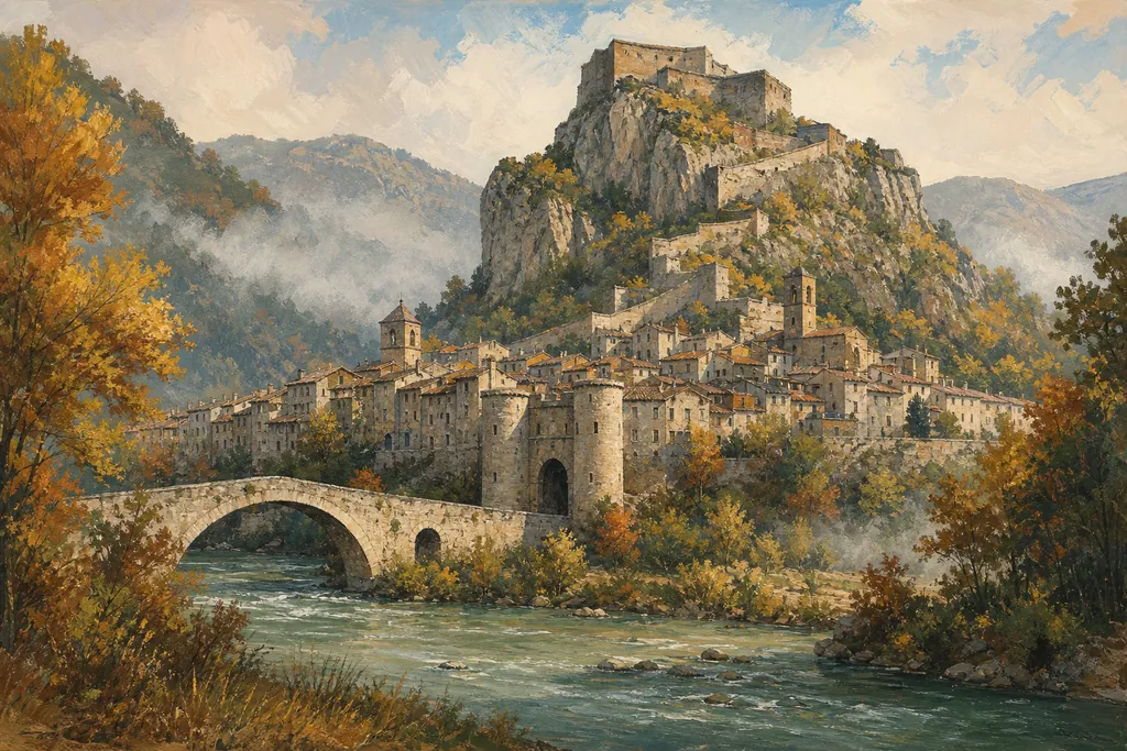 La cité fortifiée d'Entrevaux, son pont-levis sur le Var et la citadelle perchée sur son rocher.