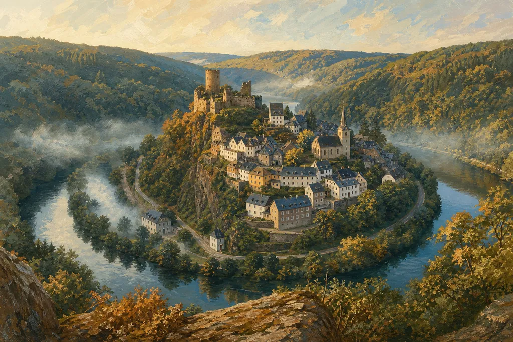 Esch-sur-Sûre dans son méandre de la Sûre, sous les ruines du château, vu depuis le belvédère