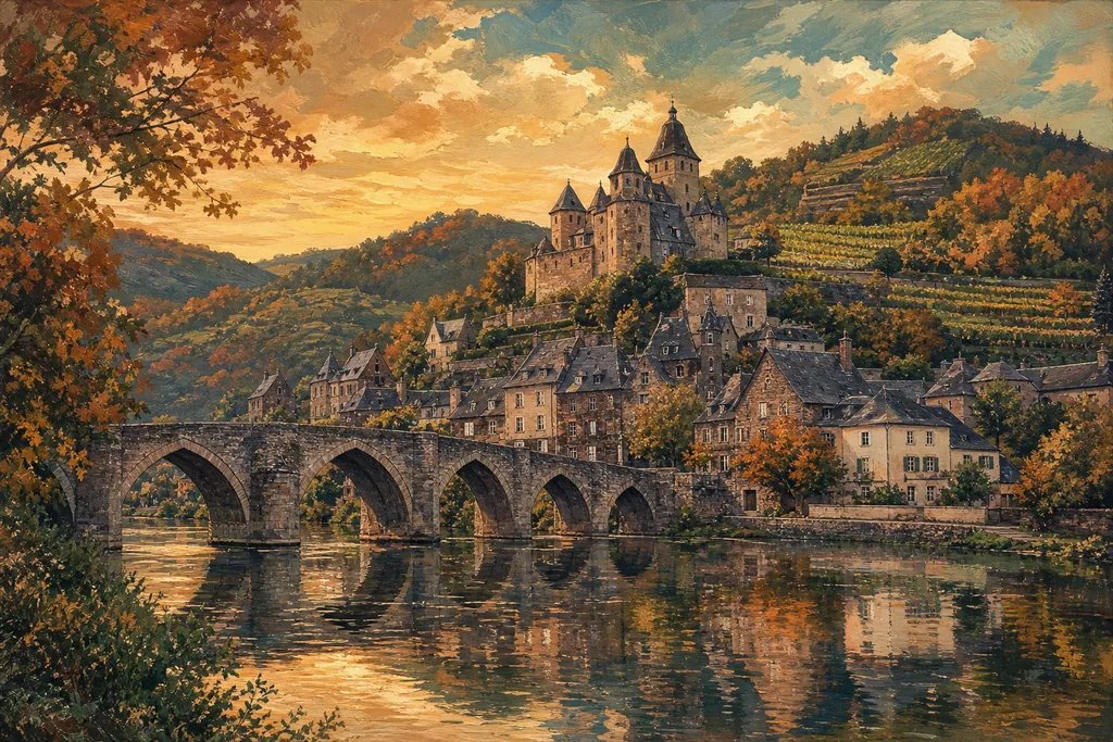Le pont gothique d'Estaing sur le Lot et le château de schiste aux tours en poivrière, en fin de journée