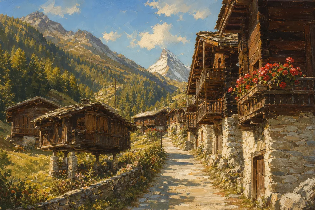Hautes maisons de bois sombre d'Evolène avec la Dent Blanche enneigée au fond du val d'Hérens