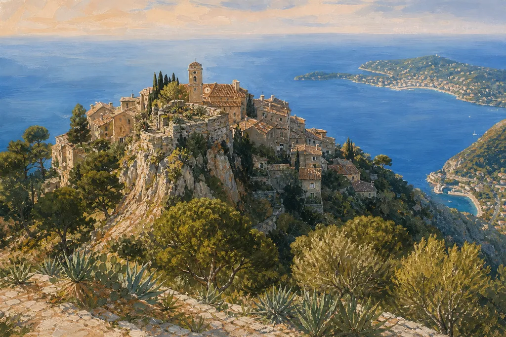 Le village perché d'Èze sur son rocher dominant la Méditerranée et le cap Ferrat.