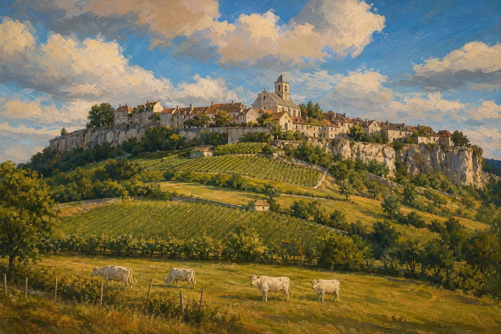Le village perché de Flavigny-sur-Ozerain au-dessus des vignes et du bocage de l'Auxois.