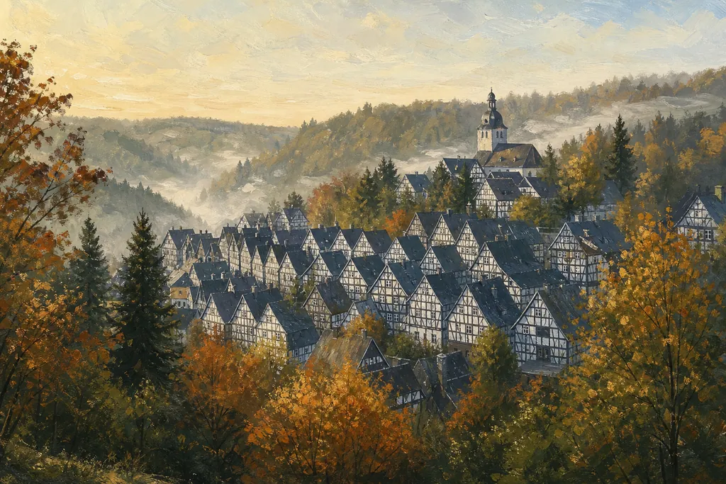 Rangées de maisons à colombages noirs et blancs du vieux bourg de Freudenberg vues depuis la colline d'en face