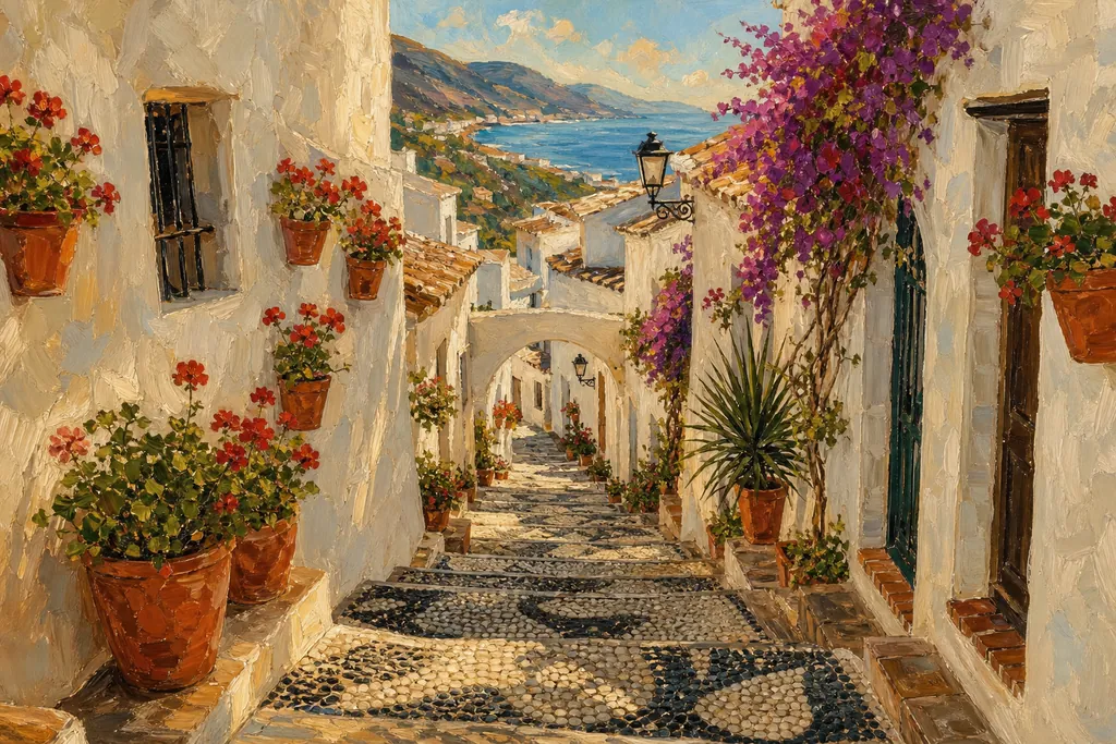 Ruelle blanche en escalier du Barribarto de Frigiliana, fleurie, avec la mer de Nerja au loin