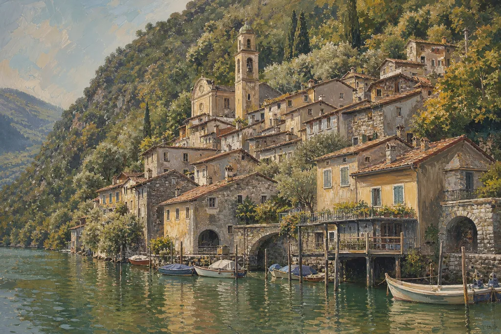 Maisons de Gandria étagées sur la pente au-dessus du lac de Lugano, avec le clocher de San Vigilio
