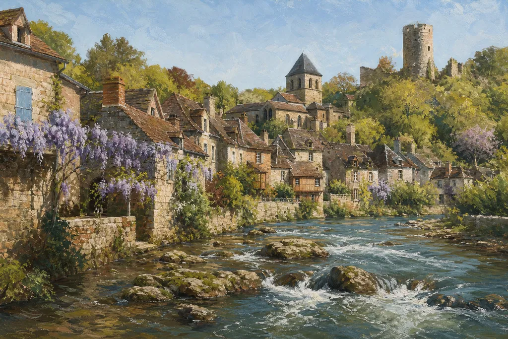Église romane et maisons de granit de Gargilesse-Dampierre au-dessus de la rivière
