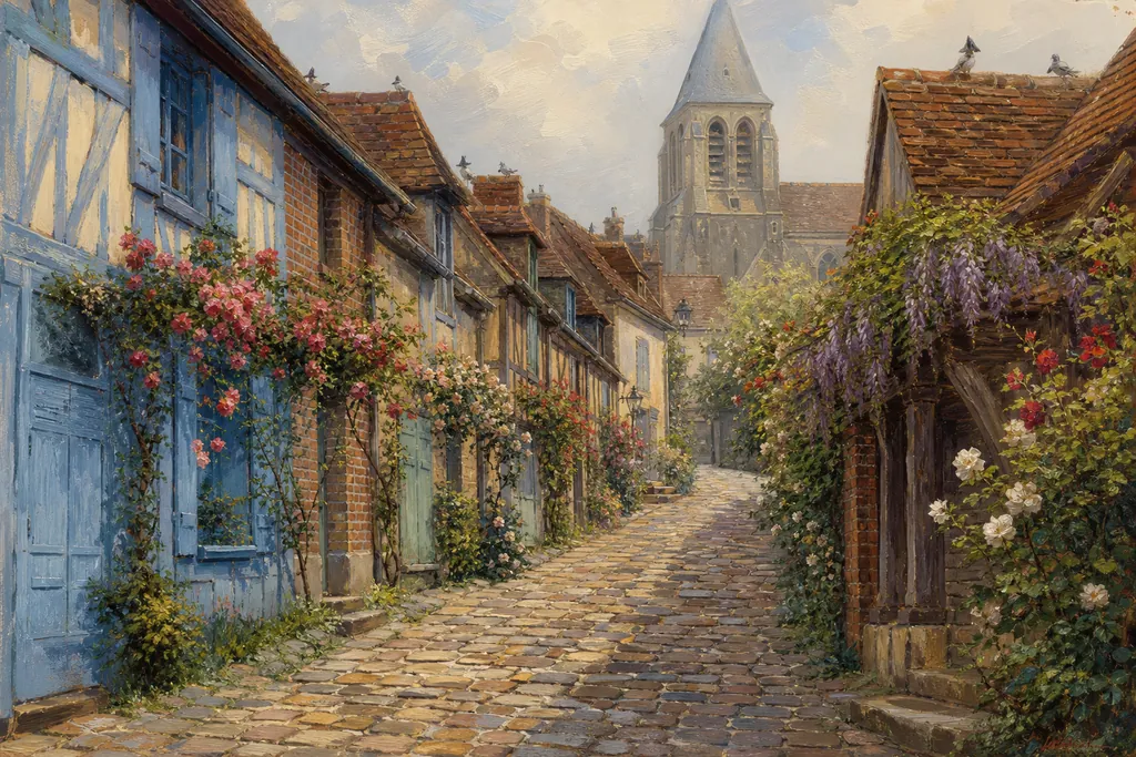 Ruelle pavée de Gerberoy bordée de maisons à colombages couvertes de rosiers grimpants