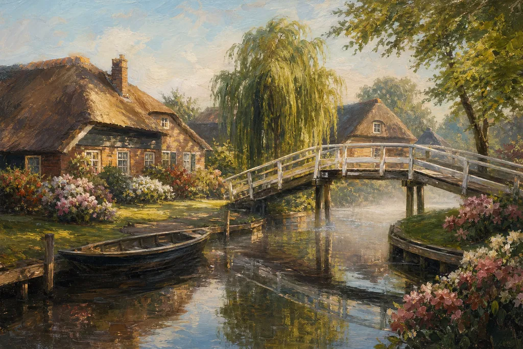 Chaumière de Giethoorn et son pont de bois arqué au bord du canal, un matin de printemps