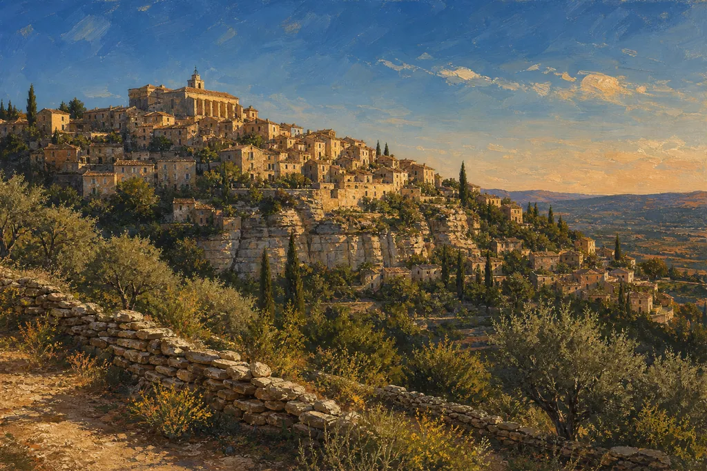 Village perché de Gordes vu de la route de Cavaillon, château au sommet, lumière dorée du soir