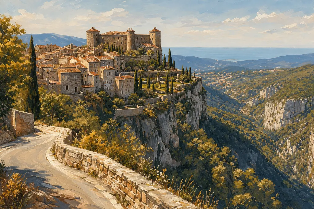 Le village perché de Gourdon et son château au bord de la falaise, au-dessus des gorges du Loup.