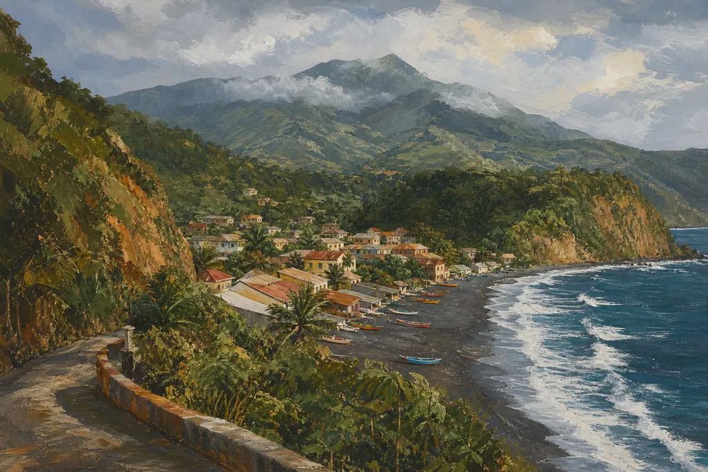 Illustration de Grand'Rivière en Martinique, village de pêcheurs entre falaises, sable noir et forêt tropicale.