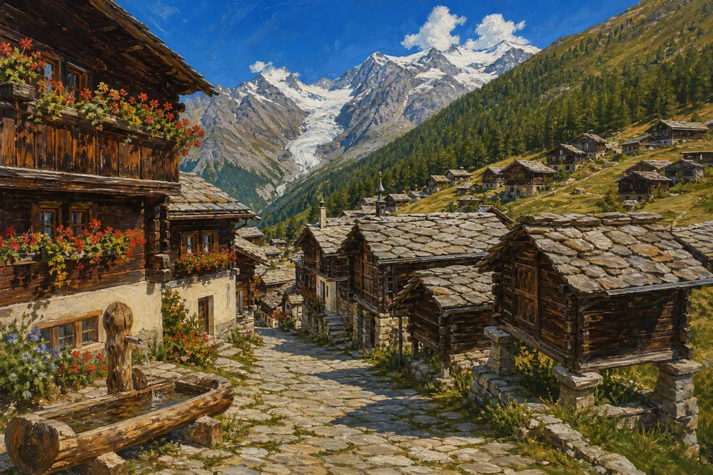Chalets noircis et géraniums rouges dans la rue pavée de Grimentz, avec le glacier au loin
