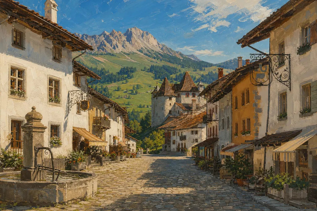 Rue pavée de Gruyères menant au château, avec ses façades anciennes et le Moléson au loin