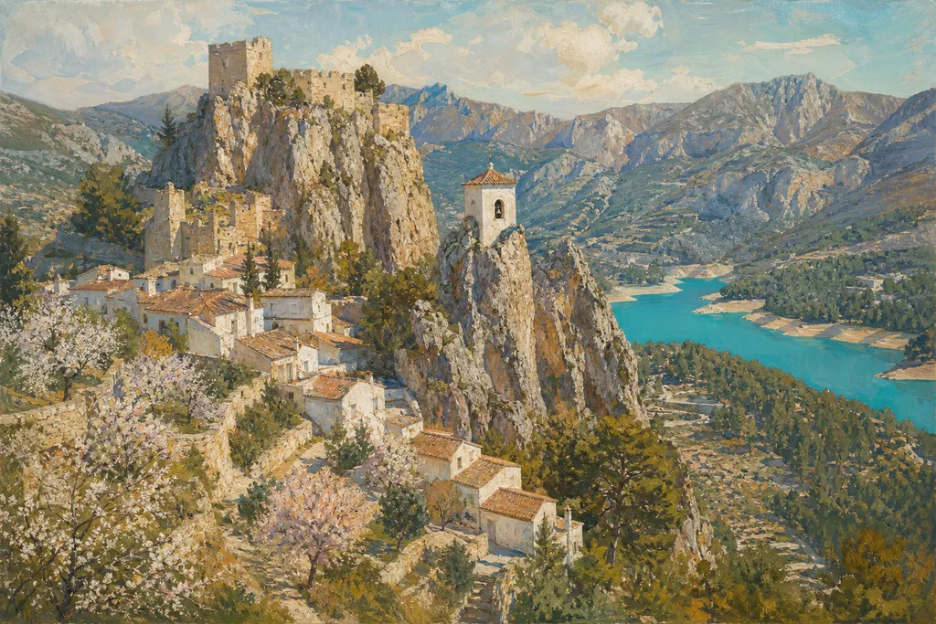 Guadalest, son clocher blanc sur un rocher et les ruines du château au-dessus du lac turquoise