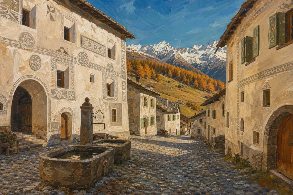 Façades à sgraffites et fontaine de pierre dans une ruelle de Guarda, en Basse-Engadine