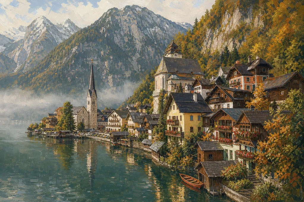 Hallstatt au bord de son lac, maisons colorées et clocher pointu sous la montagne dans la brume du matin