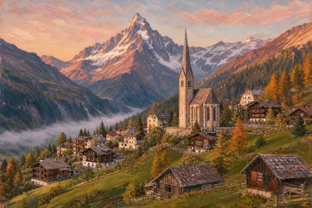 Flèche gothique de l'église de Heiligenblut devant le Großglockner enneigé au lever du soleil