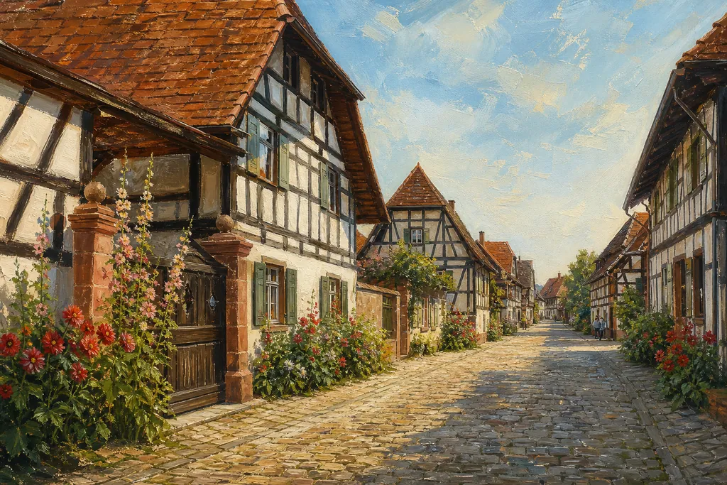 Fermes blanches à colombages noirs de Hunspach le long d'une rue fleurie de roses trémières