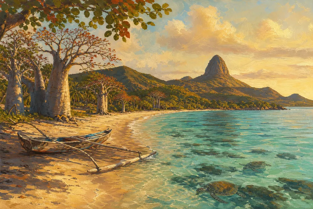 Illustration de la plage de N'Gouja à Kani-Kéli, baobabs, lagon turquoise, tortues et mont Choungui.