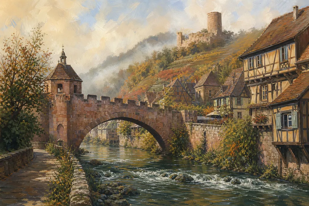 Pont fortifié en grès rose de Kaysersberg sur la Weiss avec maisons à colombages et donjon du château