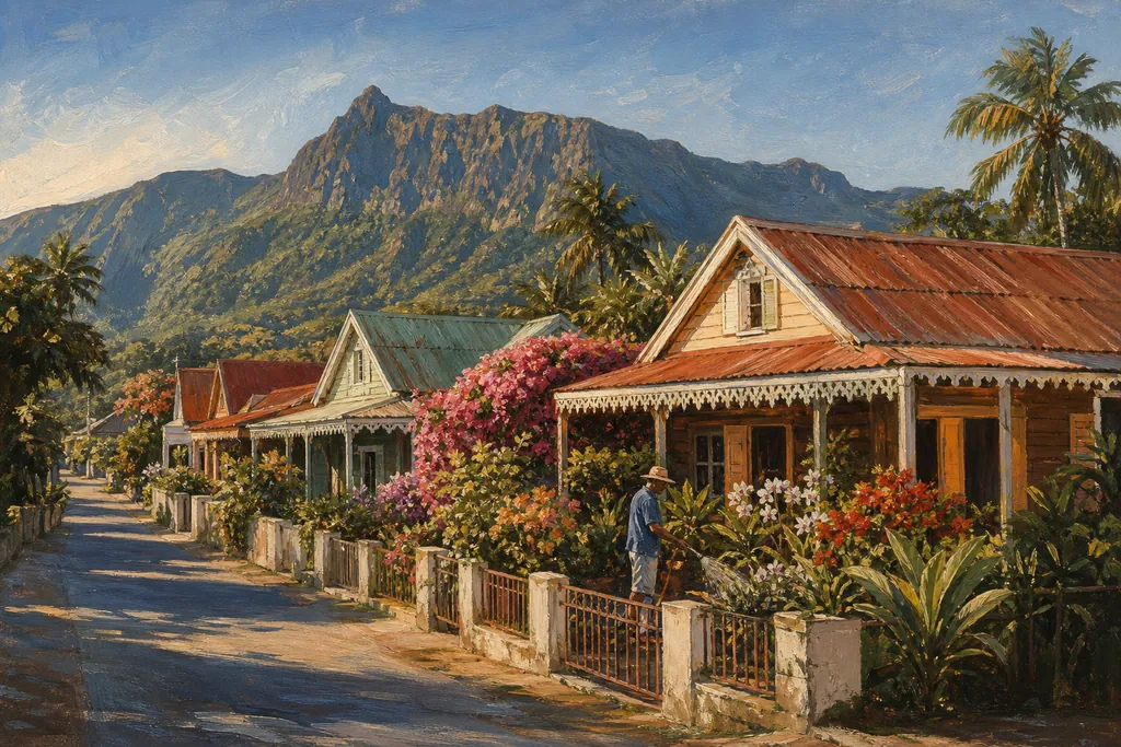 Illustration des cases créoles fleuries de L'Entre-Deux à La Réunion, varangues et Dimitile en toile de fond.