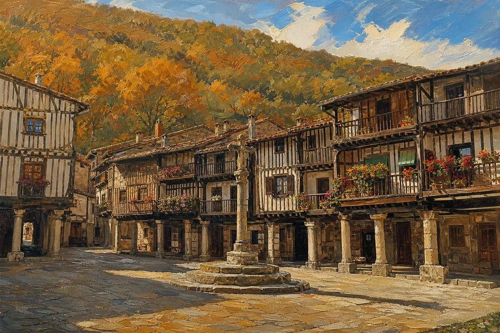 Plaza Mayor de La Alberca avec ses maisons de granit et de colombage à galeries de bois
