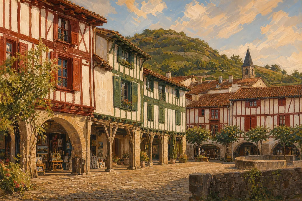 Place des Arceaux de La Bastide-Clairence avec ses façades basques à colombages rouges