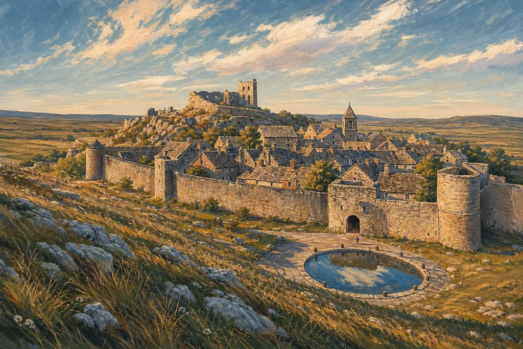 Les remparts et les toits de lauzes de La Couvertoirade sur le plateau du Larzac