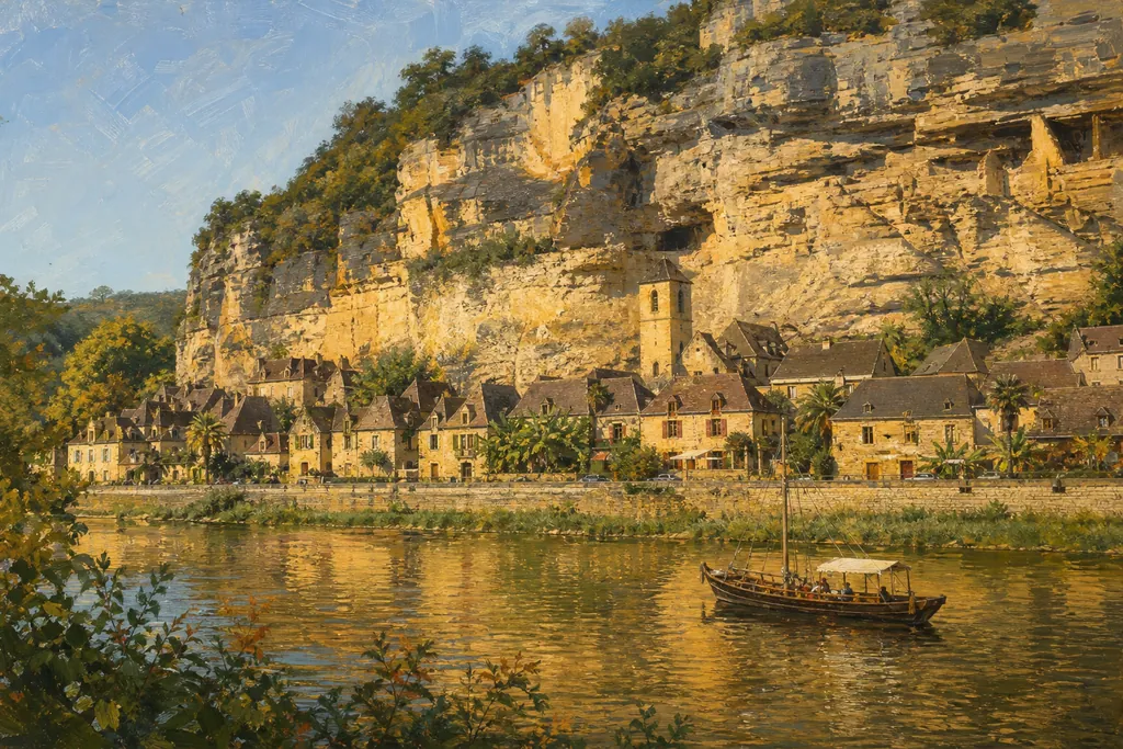 La Roque-Gageac, maisons ocre sous la falaise et reflets dans la Dordogne au soir