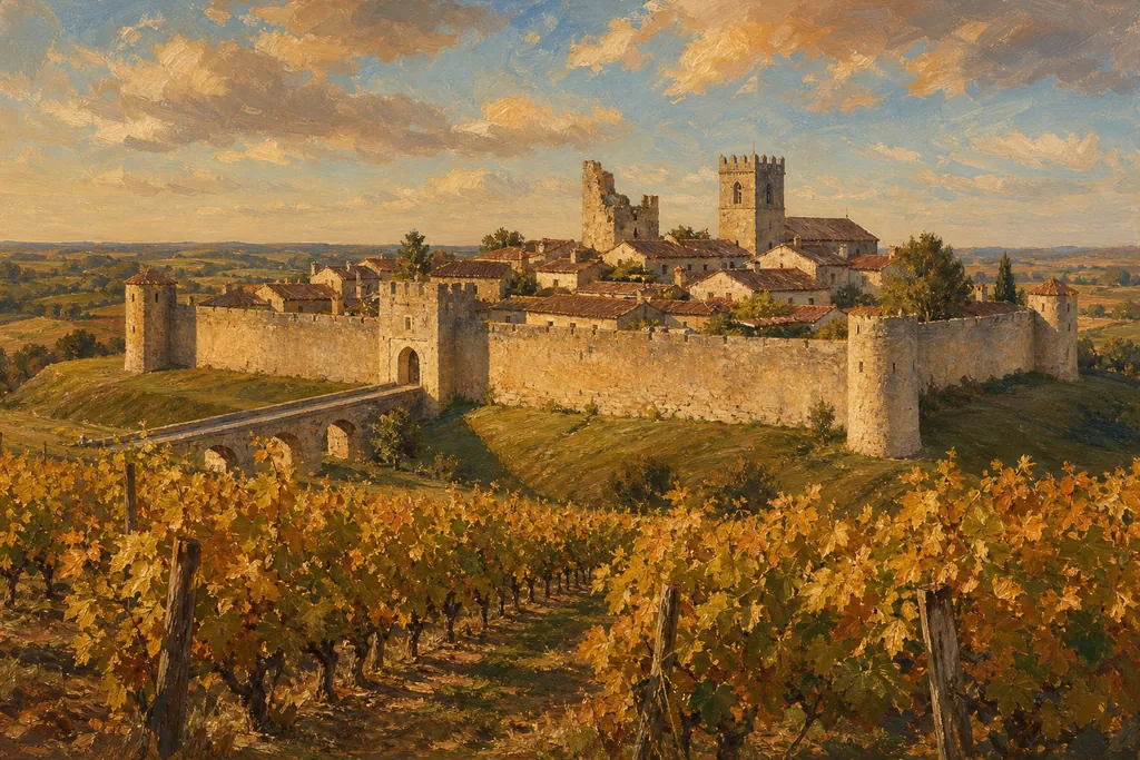 Le village fortifié de Larressingle et ses remparts au milieu des vignes d'Armagnac