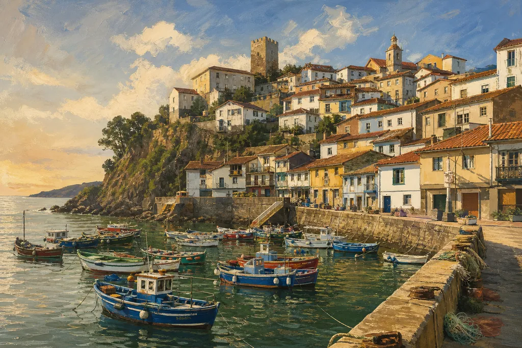Le village de Lastres étagé sur la falaise au-dessus de son port de pêche, sur la côte des Asturies.