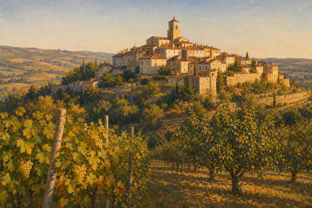 La bastide de Lauzerte perchée sur sa colline au-dessus des vergers du Quercy blanc