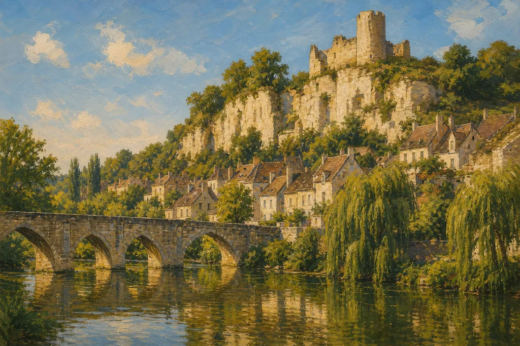 Le pont gothique sur le Loir et le donjon ruiné du château de Lavardin