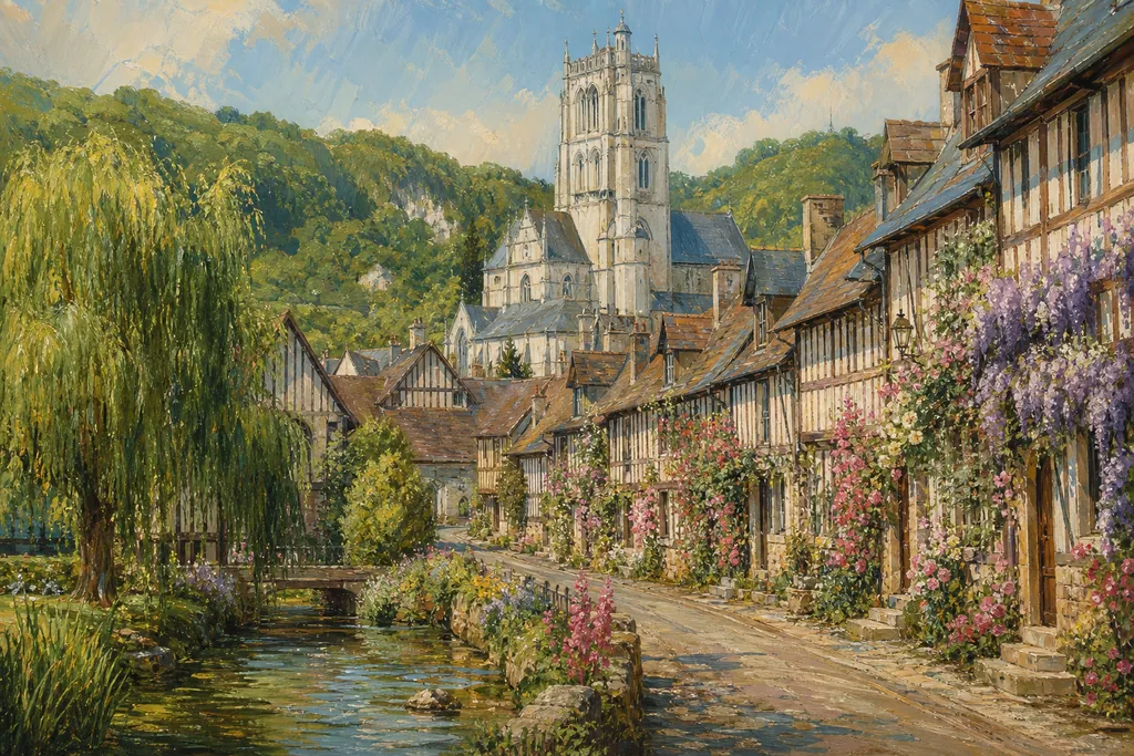 Rue fleurie du Bec-Hellouin avec ses colombages et la tour Saint-Nicolas de l'abbaye au fond de la vallée