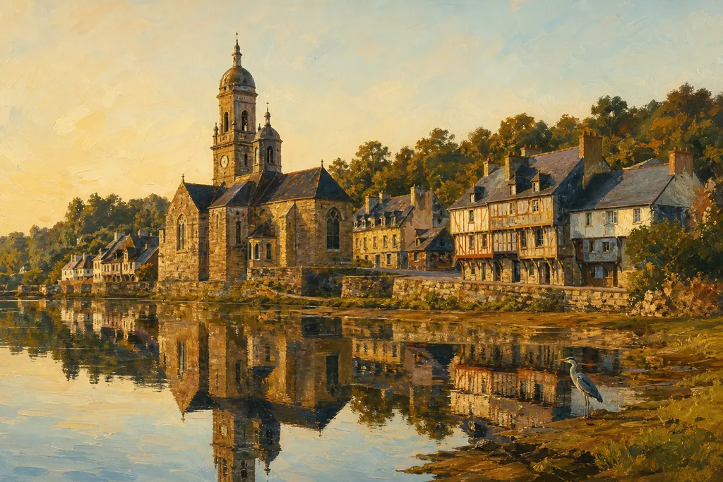 Église du Faou et ses maisons d'ardoise se reflétant dans l'estuaire à marée haute