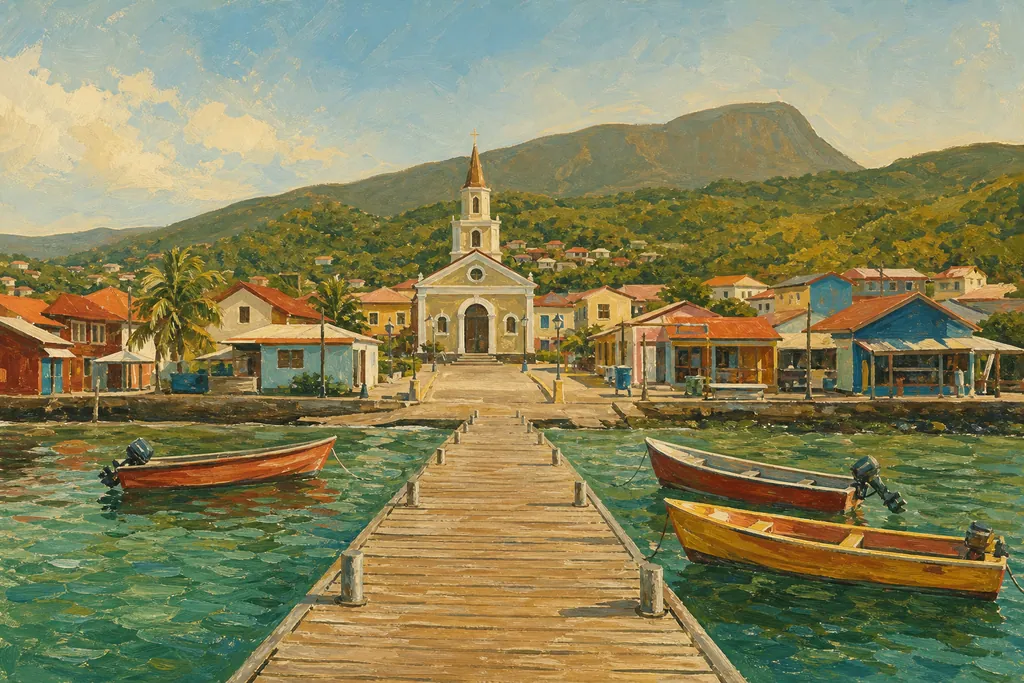 Illustration du ponton et de l'église des Anses-d'Arlet en Martinique, barques colorées et mornes boisés.