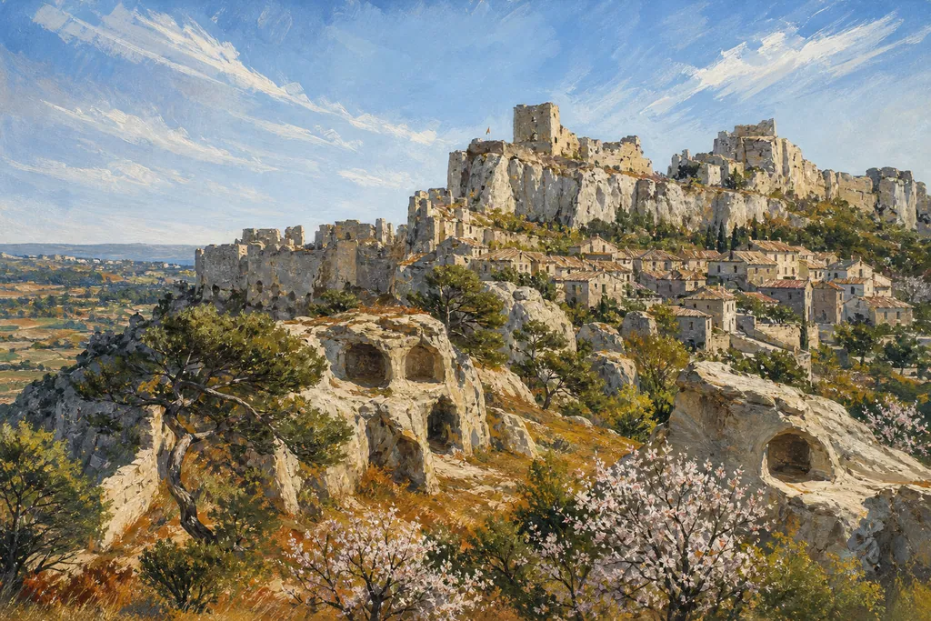 Rocher des Baux-de-Provence avec les ruines du château au sommet, vu depuis le Val d'Enfer