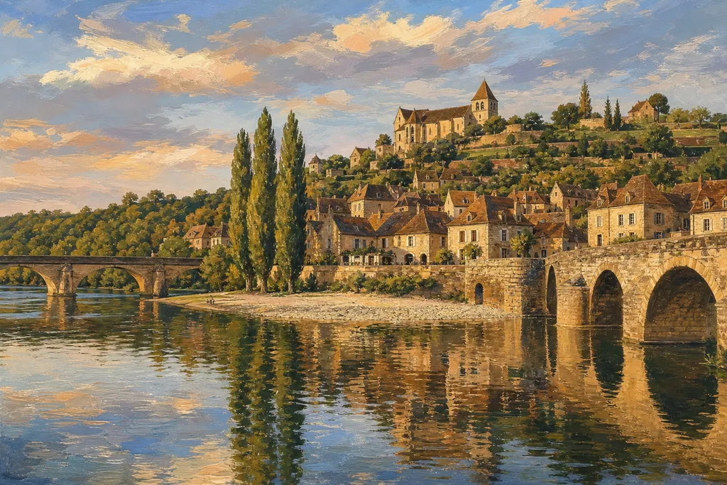 Limeuil sur sa colline au-dessus des deux ponts de la confluence Dordogne et Vézère