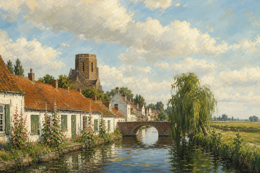 Maisons blanches de Lissewege le long du canal, dominées par la tour massive de l'église Notre-Dame