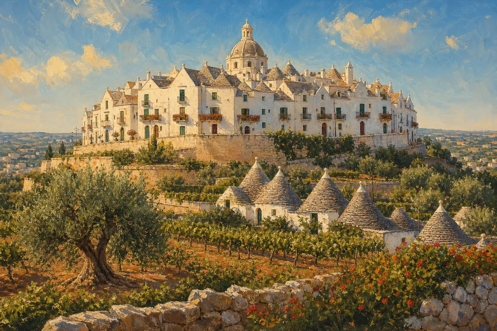 Locorotondo et ses maisons blanches aux toits en cummerse sur leur colline au-dessus de la vallée d'Itria