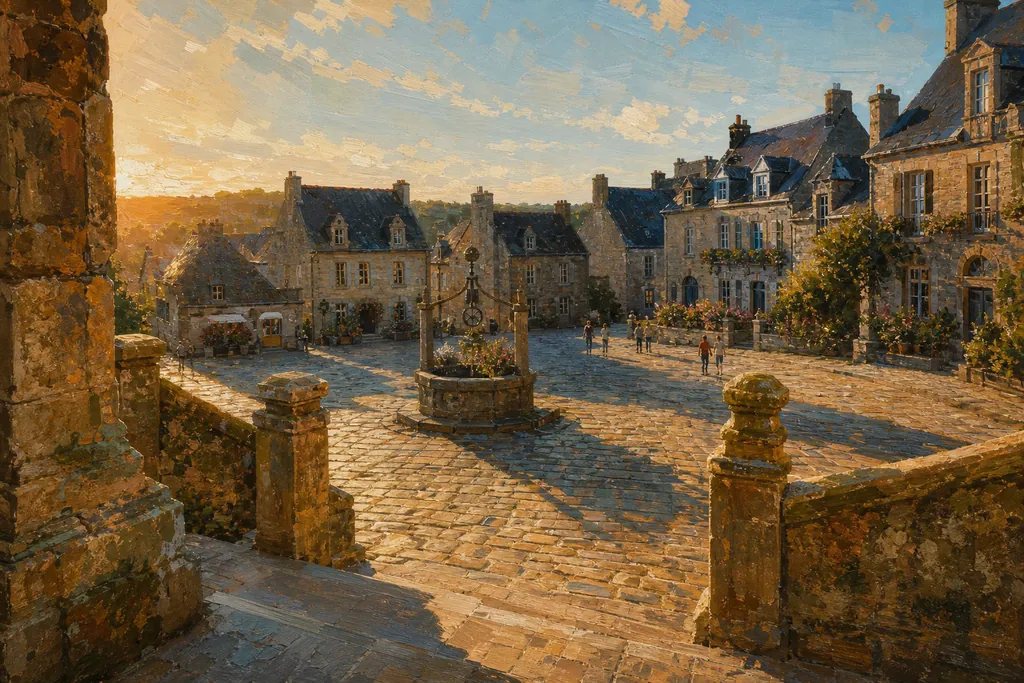 Place pavée de Locronan avec son puits et ses maisons de granit sous la lumière du soir