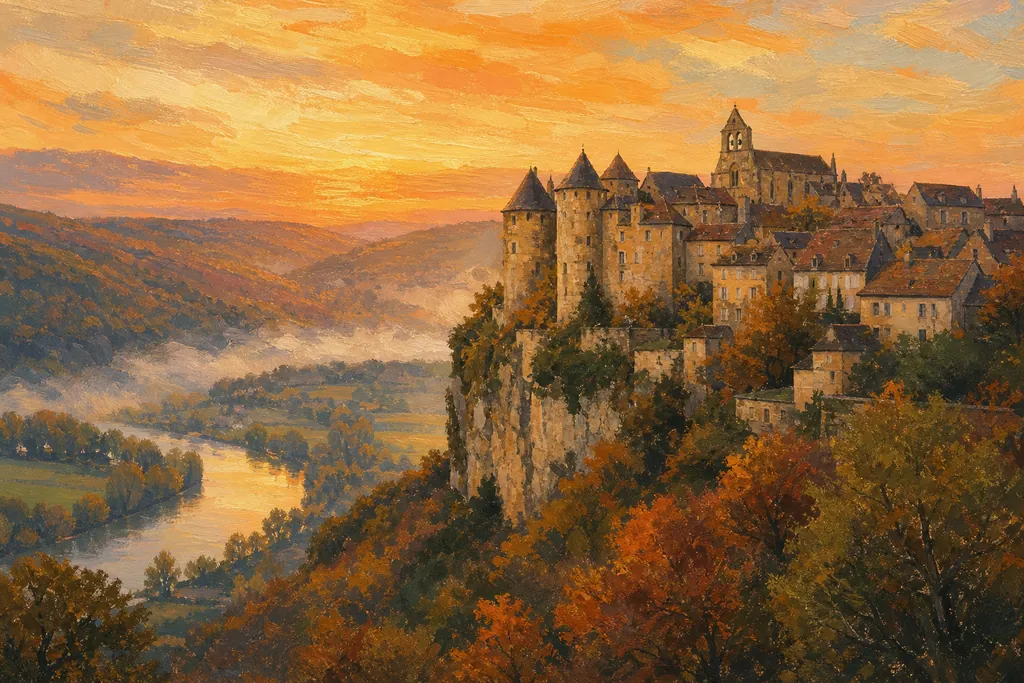 Loubressac perché sur son éperon rocheux au-dessus de la vallée de la Dordogne au couchant