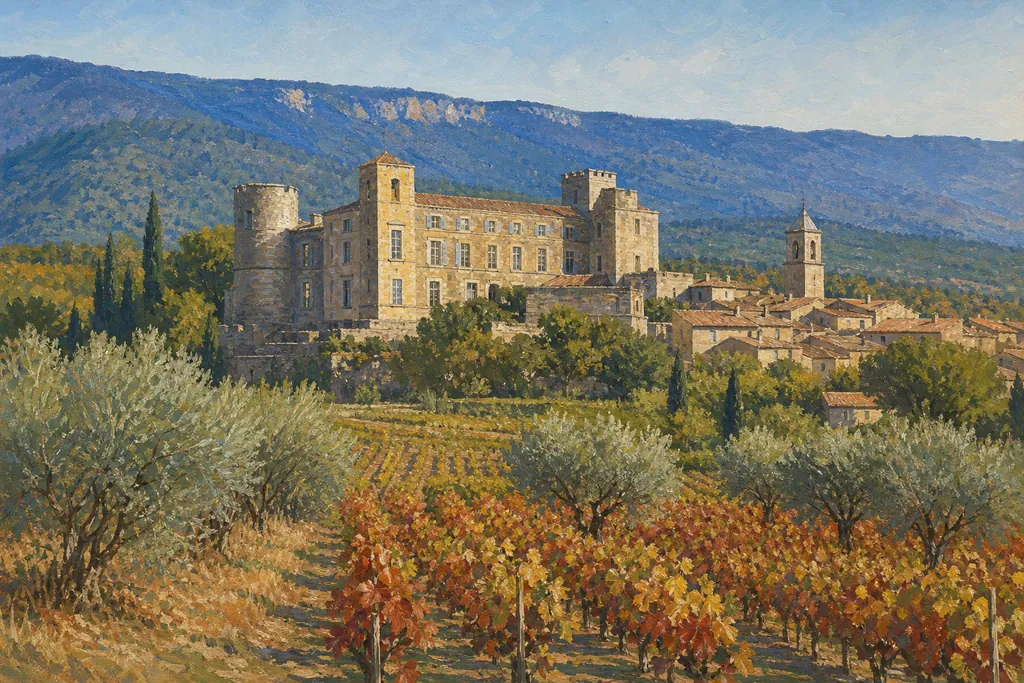 Château Renaissance de Lourmarin au-dessus des vignes, village et Luberon en arrière-plan