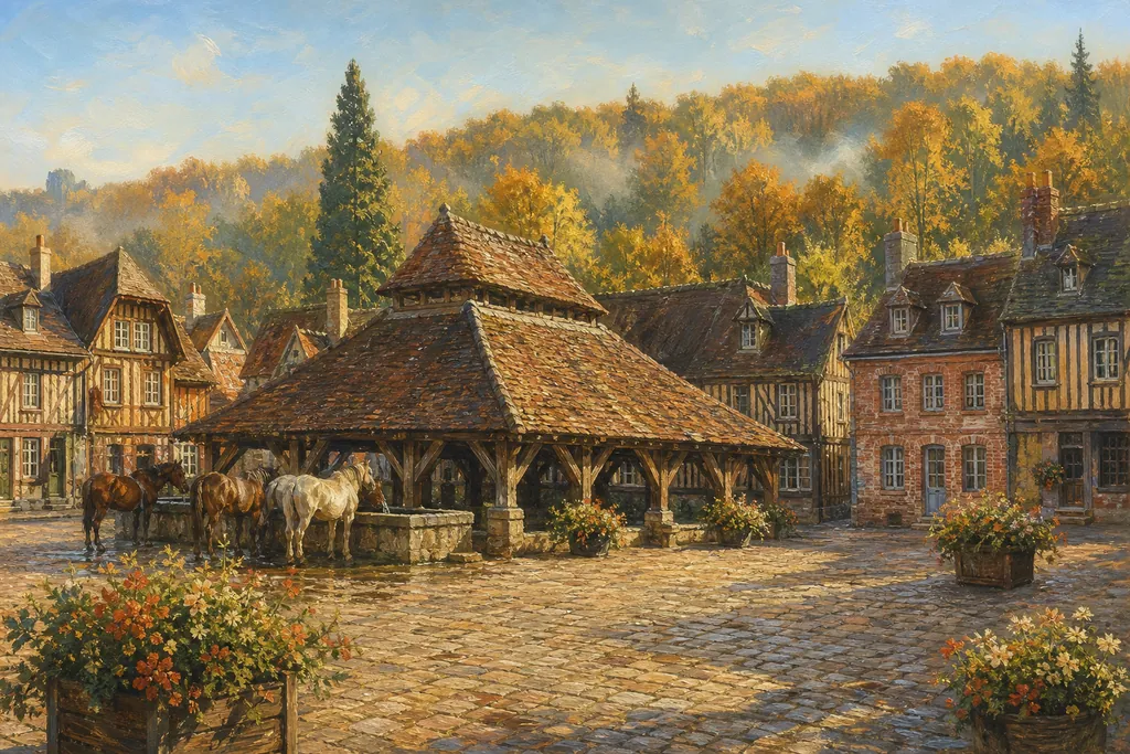 Halles à colombages de Lyons-la-Forêt sur la place bénite, avec la hêtraie dorée en arrière-plan