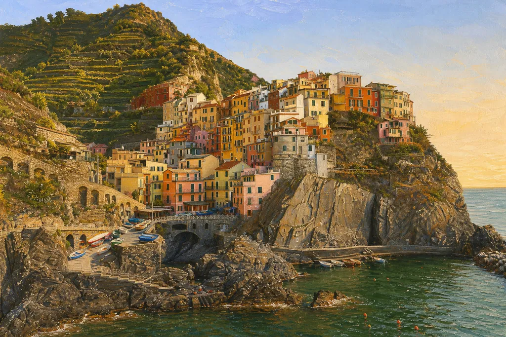 Manarola et ses maisons colorées sur le rocher au-dessus de la crique, vues depuis la Punta Bonfiglio