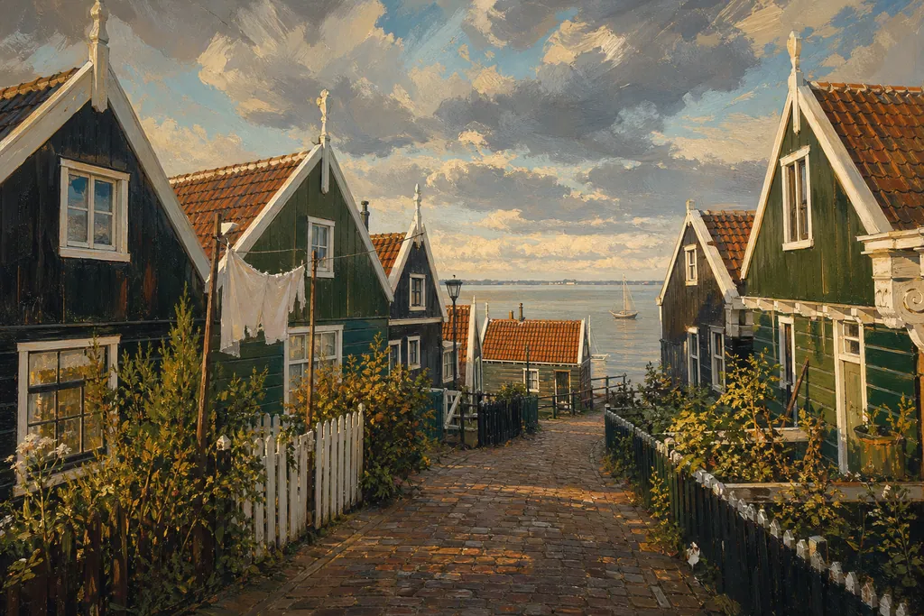 Maisons de bois noires et vertes de Marken sur leur tertre, sous un ciel de printemps